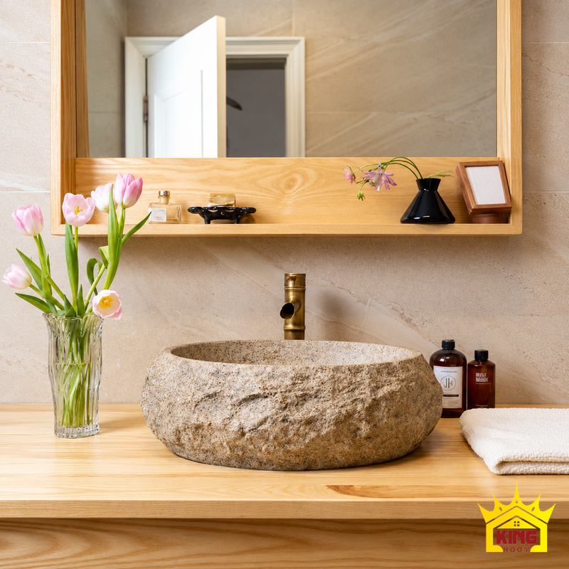 Chậu lavabo xi măng composite giả đá cuội oval 50 × 39 × 16 cm, trong toàn cảnh khu rửa tay có bàn gỗ, gương, bình hoa tulip và chai đồ dùng bên cạnh