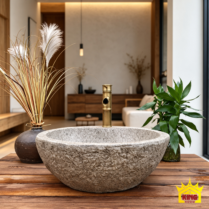 Chậu lavabo xi măng composite giả đá cuội tròn Ø47 × 16 cm chụp chính diện trên bàn gỗ trong nhà, cạnh bình cỏ khô và cây xanh, có vòi màu đồng phía sau