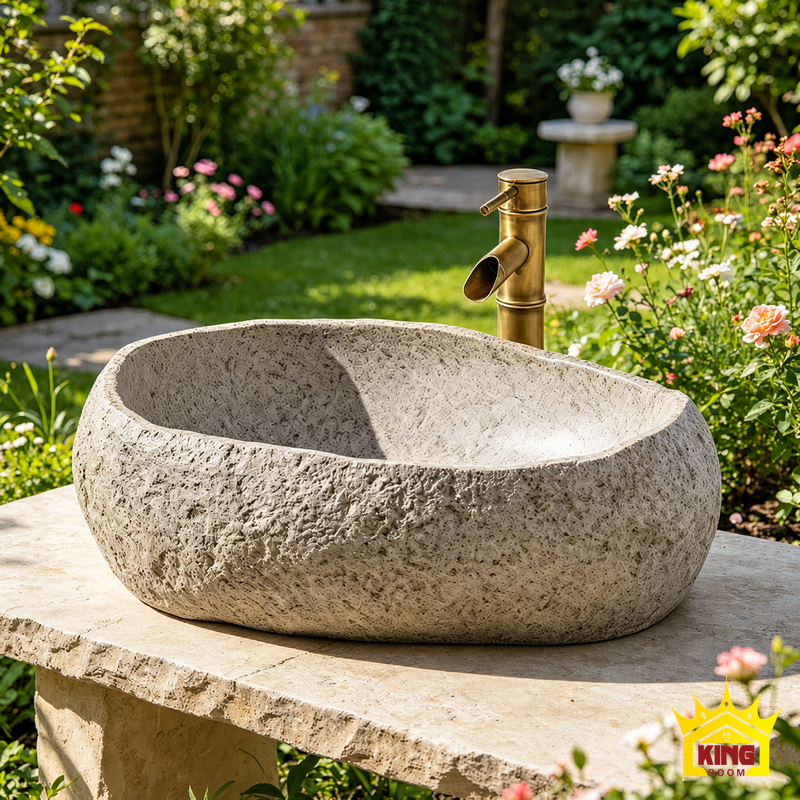 Chậu lavabo xi măng giả đá cuội đặt bàn 53 × 40 × 16 cm màu xám be, lòng oval, đặt trên bàn đá trong vườn có cây xanh và hoa, phía sau có vòi màu đồng;