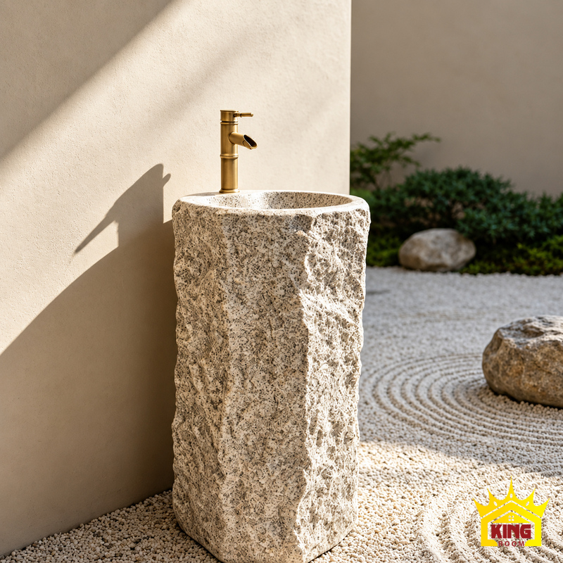 Chậu lavabo xi măng giả đá cuội liền trụ, lòng Ø38 cm chụp nghiêng trong sân vườn rải sỏi, có vòi màu đồng và lòng chậu tròn