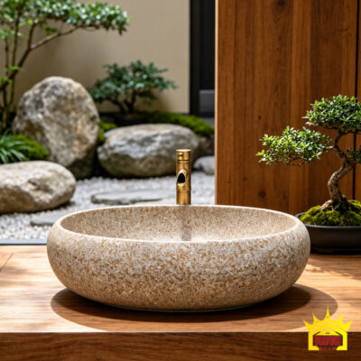 Chậu lavabo xi măng giả đá cuội oval màu be đặt trên mặt bàn gỗ, vòi màu đồng phía sau và nền sân vườn