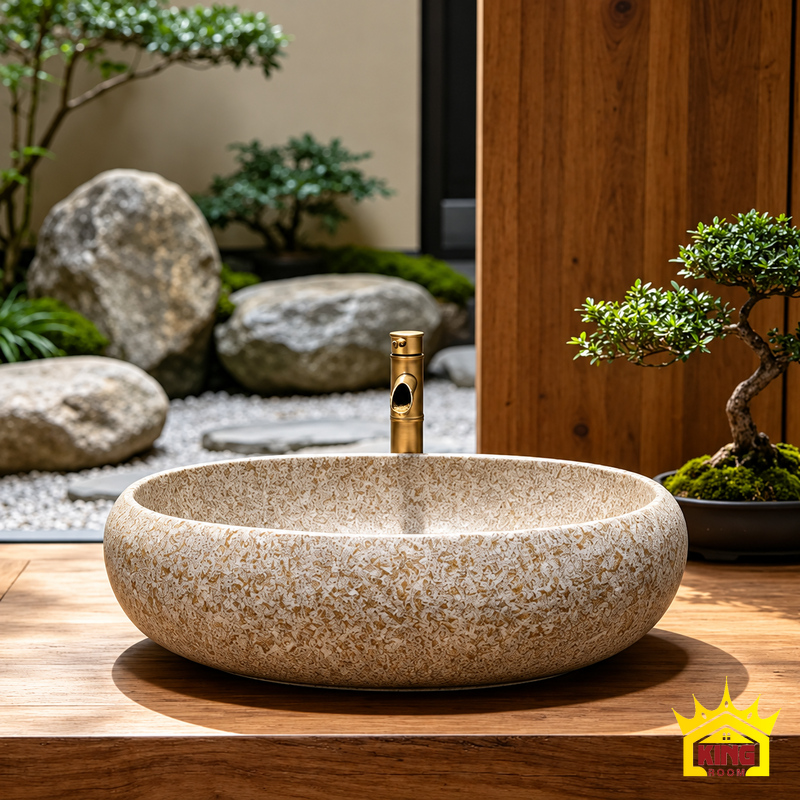 Chậu lavabo xi măng giả đá cuội oval màu be đặt trên mặt bàn gỗ, vòi màu đồng phía sau và nền sân vườn