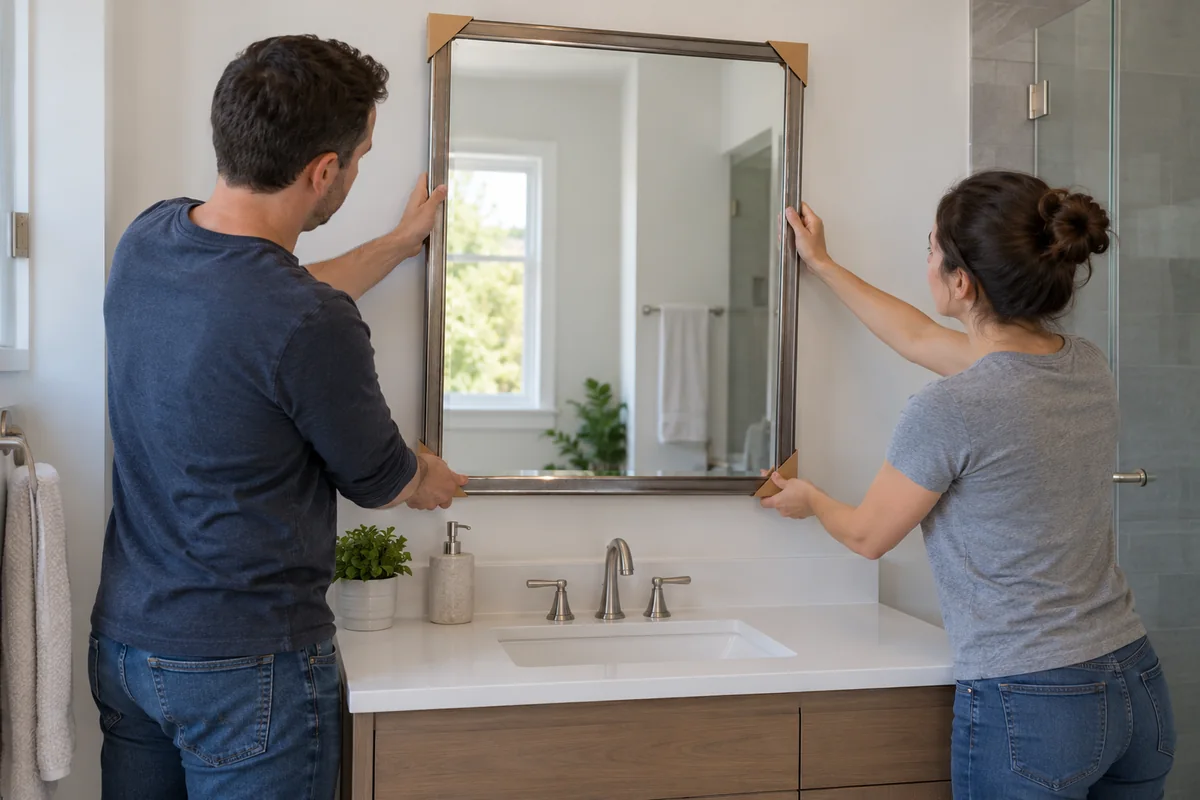 Minh họa hai người giữ gương để ướm vị trí phía trên lavabo