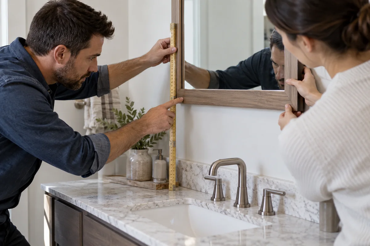Minh họa đặt thước từ mặt bàn để kiểm tra cao độ mép dưới gương