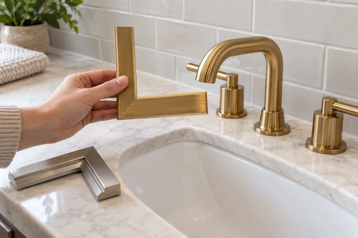 Minh họa cầm mẫu khung màu vàng cạnh vòi lavabo để so hoàn thiện