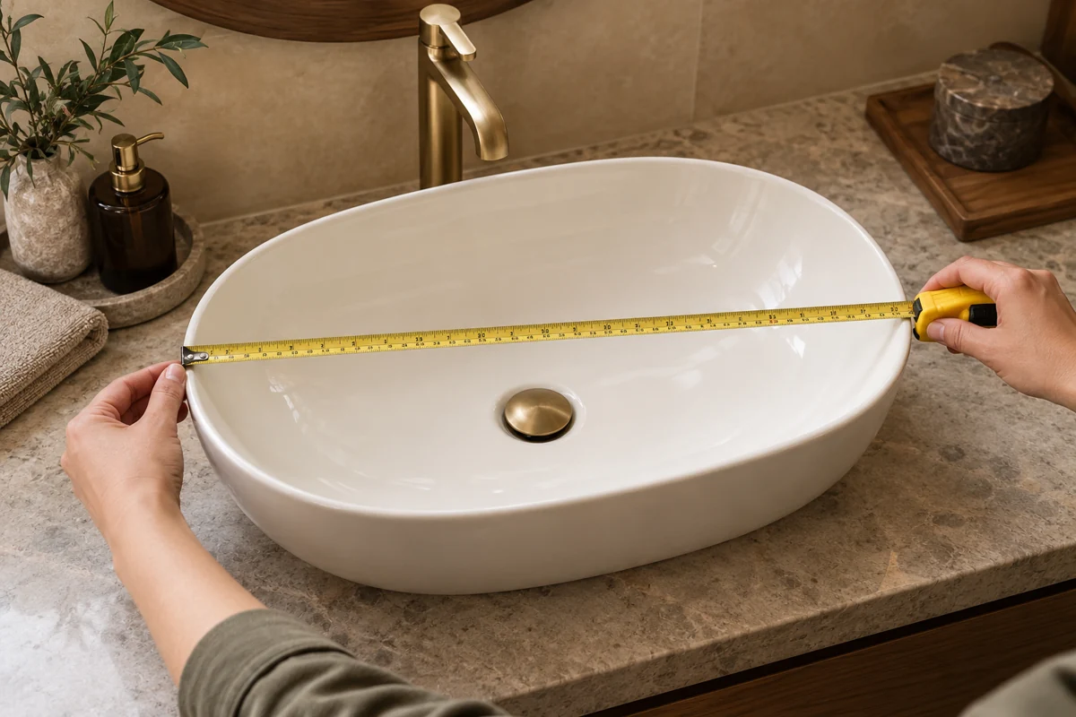 Đo bề ngang ngoài của chậu lavabo bằng thước dây