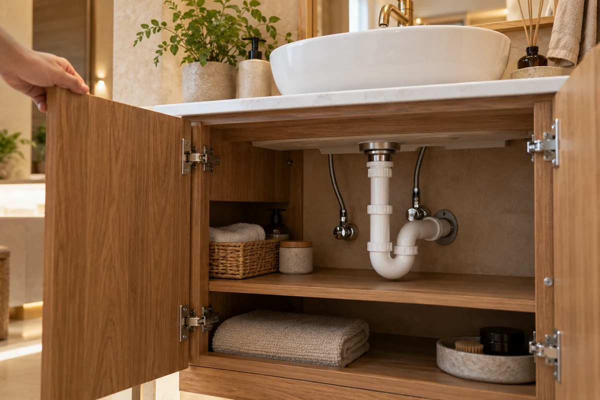 Mở tủ lavabo để kiểm tra khoang đường xả