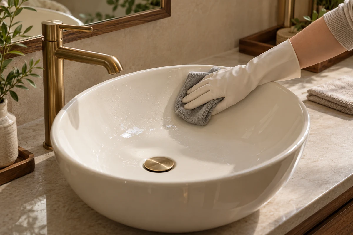 Lau lòng chậu lavabo bằng khăn mềm ẩm