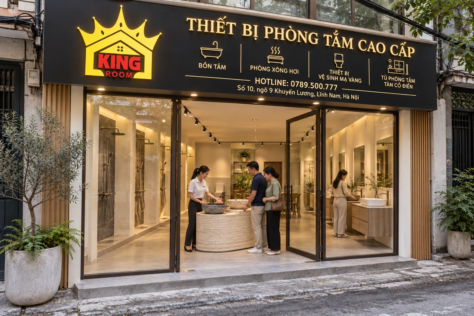 Minh họa mặt tiền Kingroom với thông tin liên hệ Hà Nội