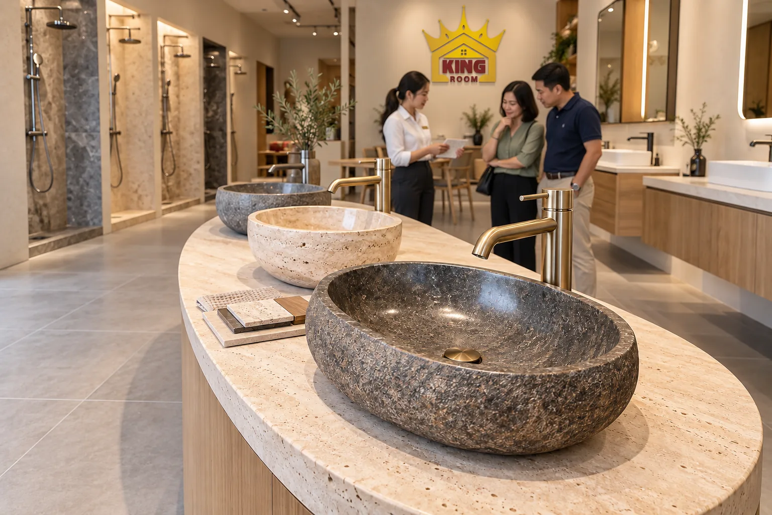 Phối cảnh minh họa lavabo vân đá và vòi chậu màu ấm