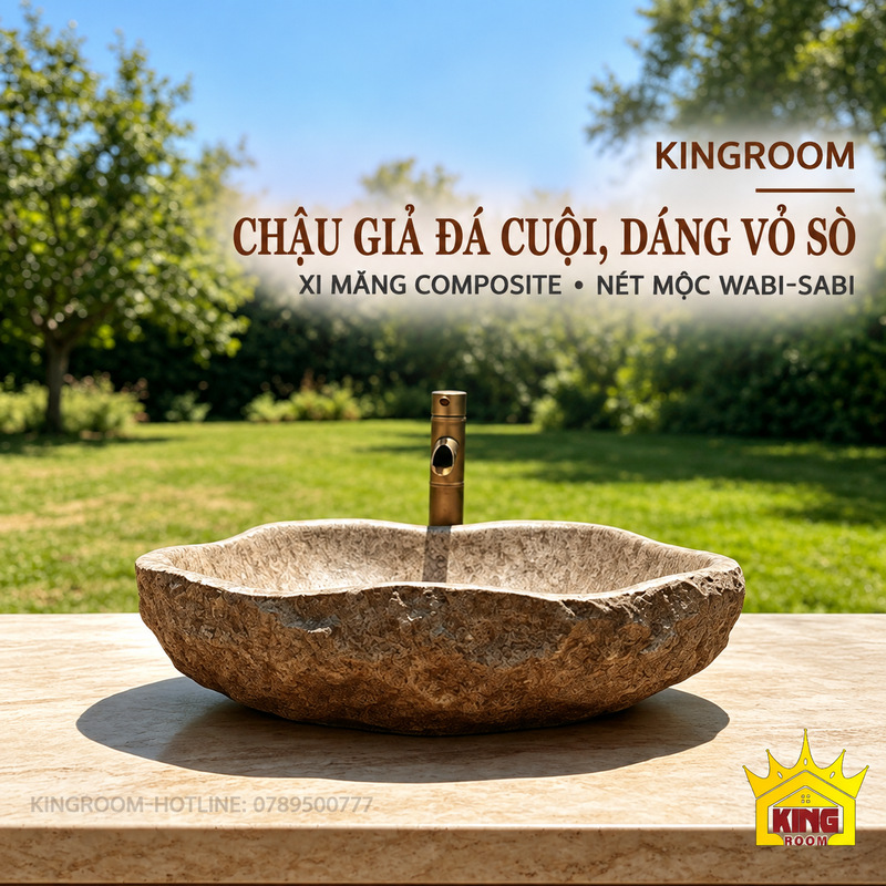 Chậu lavabo xi măng composite giả đá cuội dáng vỏ sò màu be nâu đặt bàn