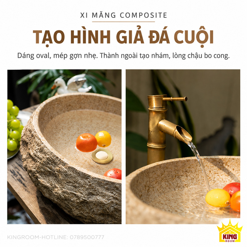 Chi tiết dáng oval, mép gợn nhẹ và bề mặt giả đá của chậu xi măng composite