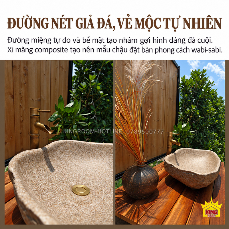 Lòng chậu, mép và bề mặt giả đá của lavabo xi măng composite dáng vỏ sò