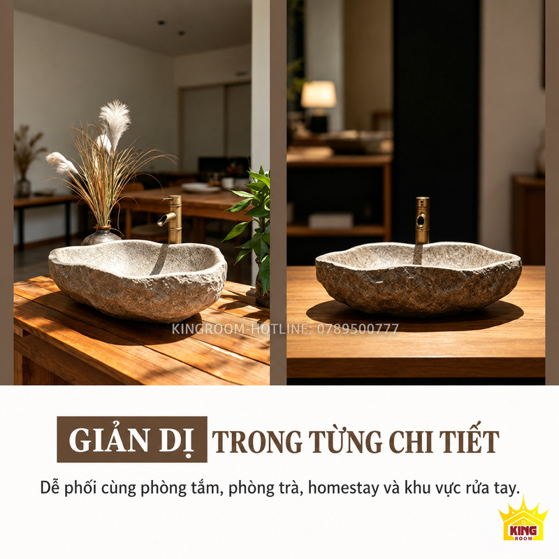 Lavabo composite giả đá cuội dáng vỏ sò phối với mặt bàn gỗ và vòi tông đồng