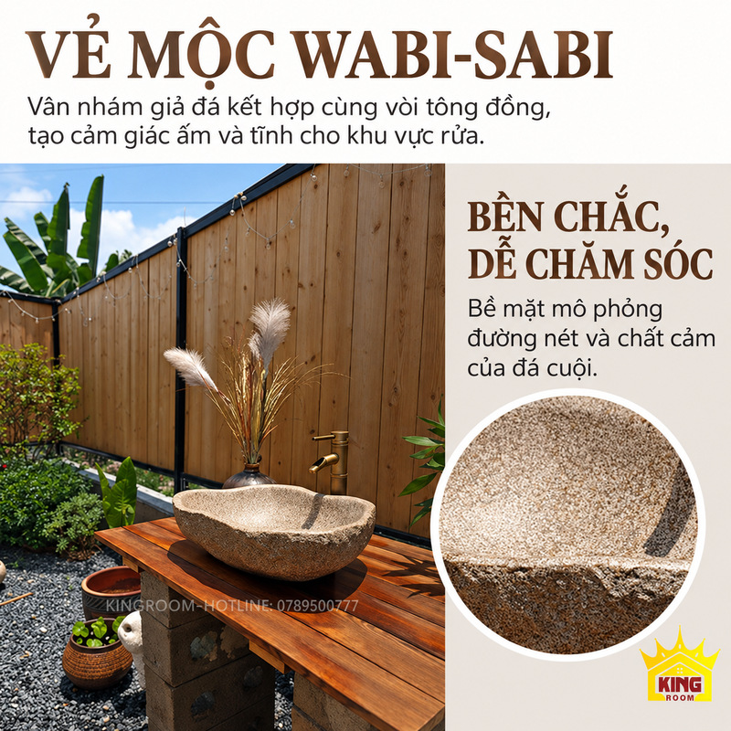 Lavabo xi măng composite giả đá cuội dáng vỏ sò phối không gian wabi-sabi