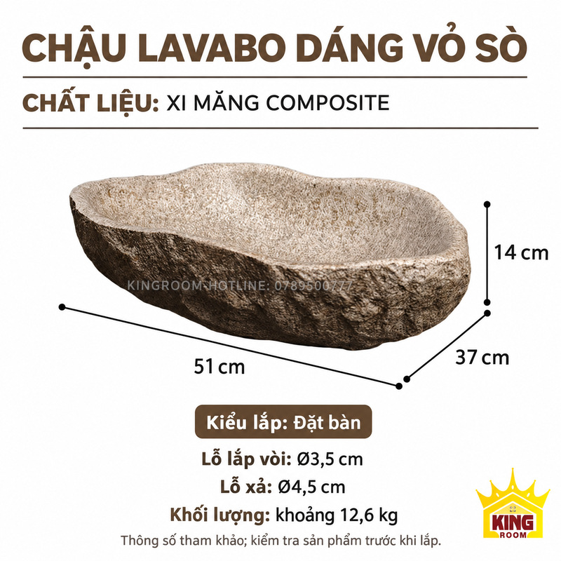 Thông số chậu lavabo composite dáng vỏ sò 51 × 37 × 14 cm, khối lượng khoảng 12,6 kg