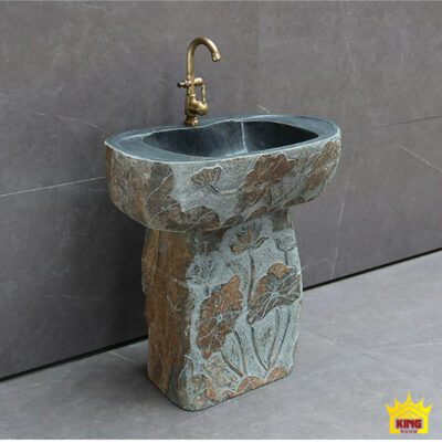 Bộ lavabo đá xanh xám chạm hoa sen chân đứng