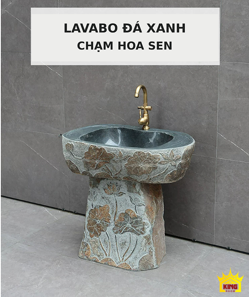 Lavabo đá chạm hoa sen – Bộ lavabo đá xanh xám chạm hoa sen nhìn chính diện Bộ lavabo đá xanh xám chạm hoa sen nhìn chính diện