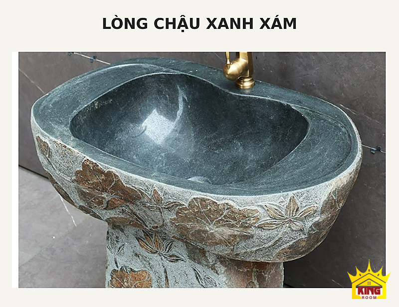 Lavabo đá chạm hoa sen – Lòng chậu đá xanh xám nhìn nghiêng và vị trí vòi phía sau Lòng chậu đá xanh xám nhìn nghiêng và vị trí vòi phía sau
