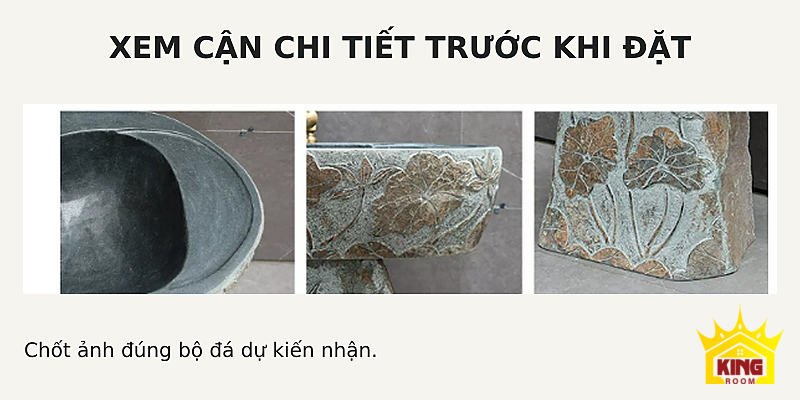 Lavabo đá chạm hoa sen – Ba góc chi tiết để đối chiếu miệng, thành và họa tiết trước khi đặt Ba góc chi tiết để đối chiếu miệng, thành và họa tiết trước khi đặt