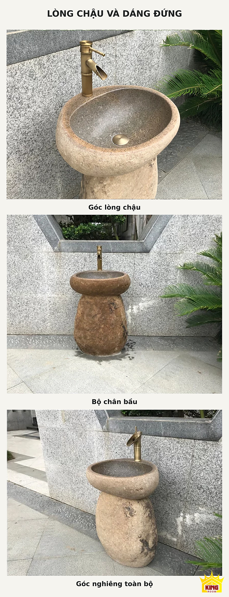 Lavabo đá cuội chân bầu – Các góc lòng, thân và bộ chậu chân bầu màu be để quan sát chi tiết Các góc lòng, thân và bộ chậu chân bầu màu be để quan sát chi tiết