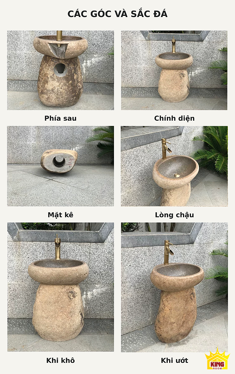 Lavabo đá cuội chân bầu – Các mặt trước, sau, lòng và sắc đá khô ướt của bộ chân bầu Các mặt trước, sau, lòng và sắc đá khô ướt của bộ chân bầu