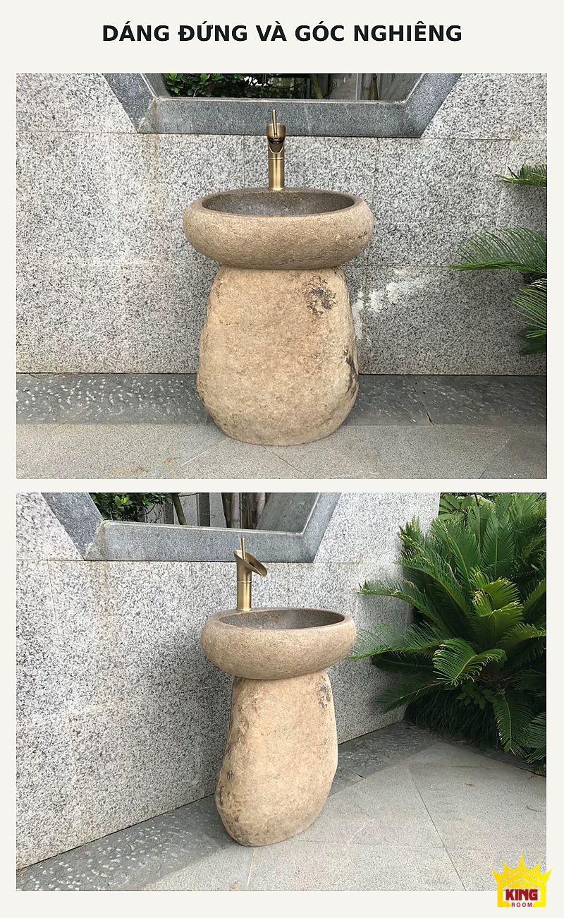 Lavabo đá cuội chân bầu – Hai góc chậu chân bầu be nhìn chính diện và nghiêng Hai góc chậu chân bầu be nhìn chính diện và nghiêng