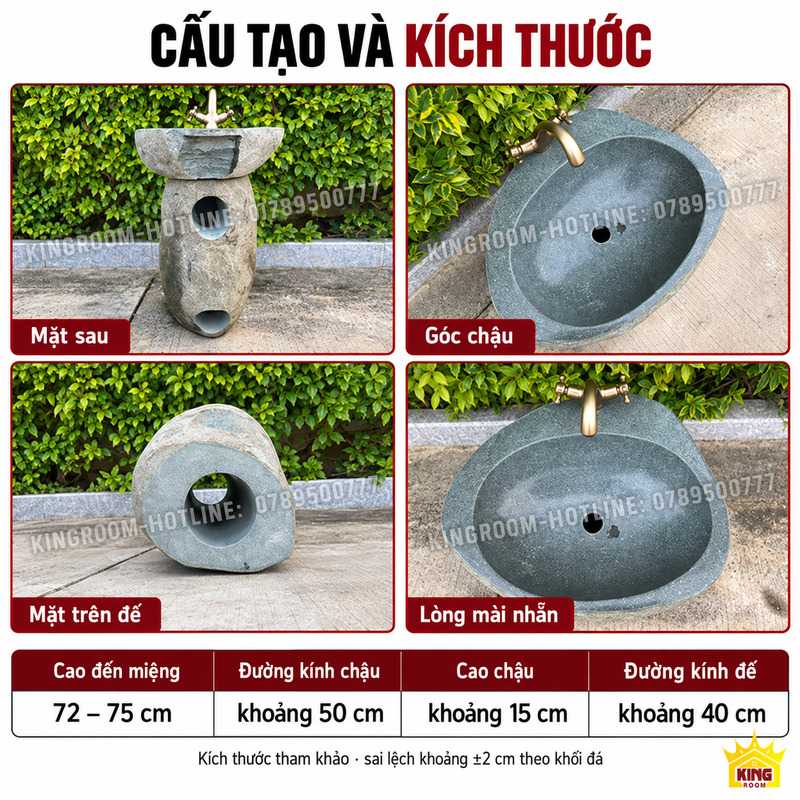 Bốn góc cấu tạo chậu và đế đá cùng bảng kích thước tham khảo