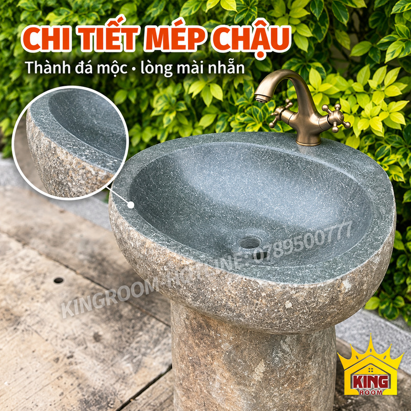 Mép chậu đá cuội tự nhiên và phần lòng xám nhìn góc chéo