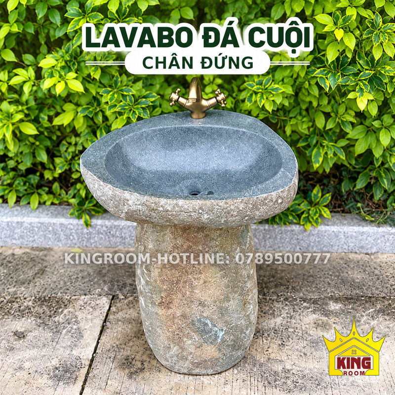 Bộ chậu đá cuội chân đứng với lòng xám và vòi tông đồng