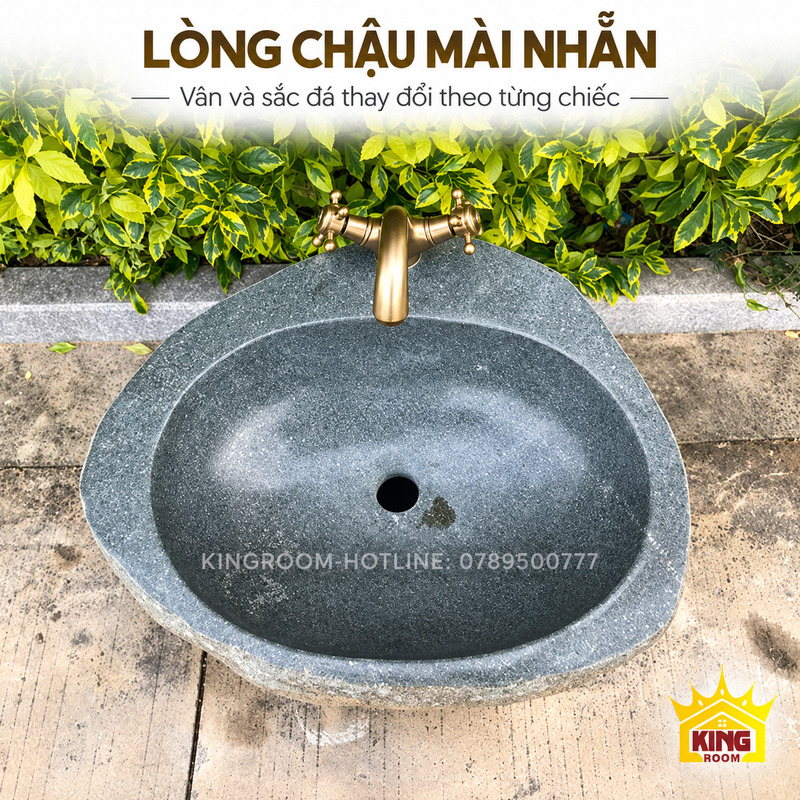 Lòng xám mài nhẵn và lỗ xả ở chậu đá cuội tự nhiên