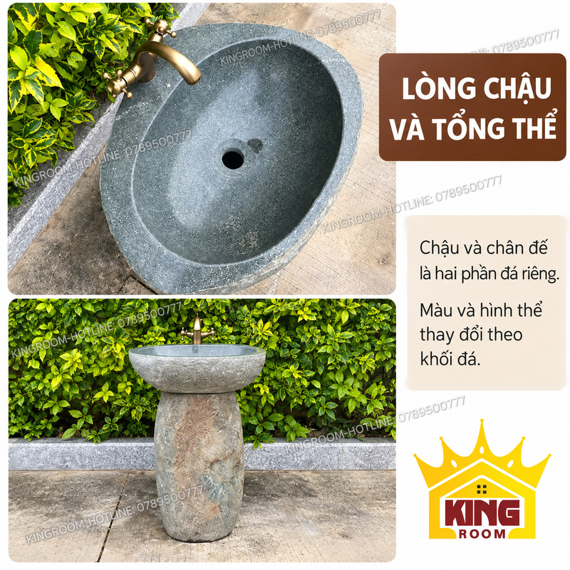 Ảnh ghép lòng chậu nhìn từ trên và tổng thể bộ chậu chân đứng
