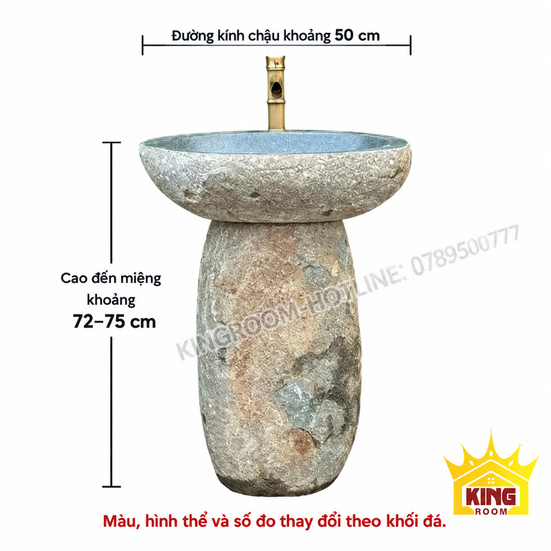 Lavabo chân đứng có đường kính chậu khoảng 50 cm và cao đến miệng khoảng 72–75 cm