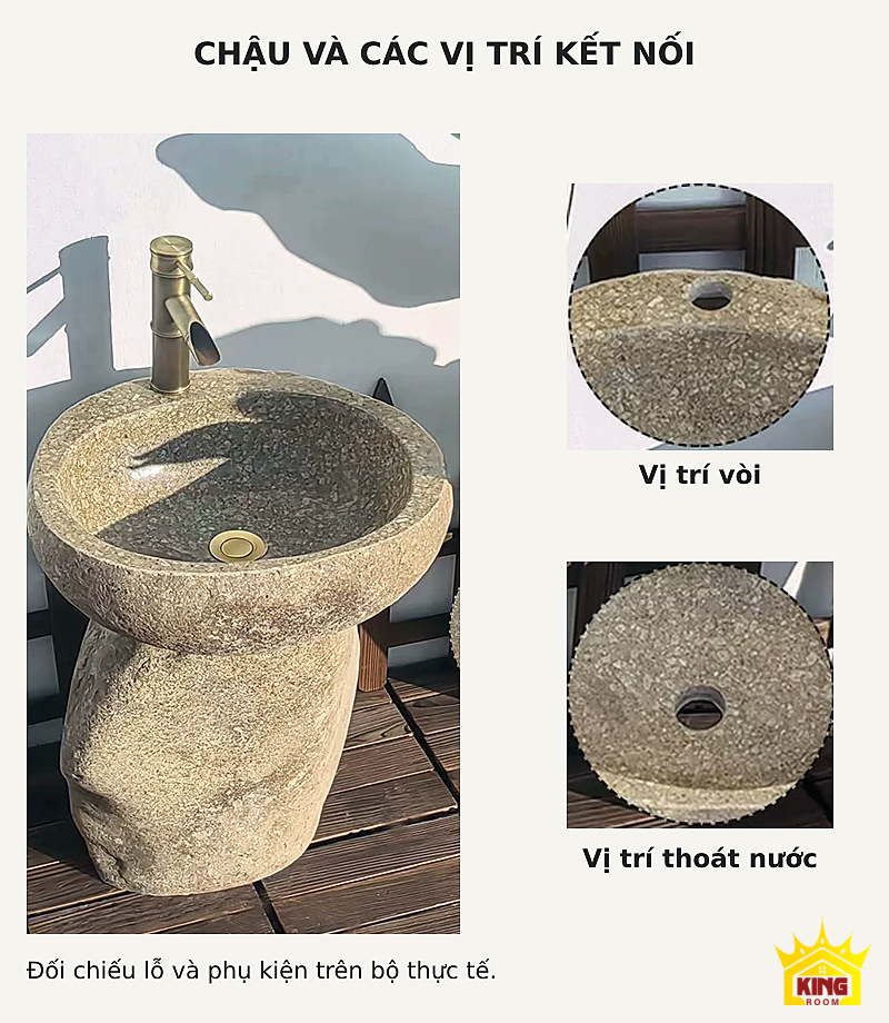 Lavabo đá cuội chân trụ – Dáng bộ chậu chân trụ và các vị trí kết nối vòi, thoát nước Dáng bộ chậu chân trụ và các vị trí kết nối vòi, thoát nước