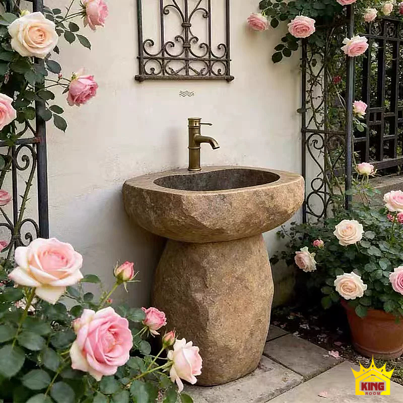 Lavabo đá cuội chân trụ – Bộ chậu chân trụ mộc phối hoa và vòi tông đồng Bộ chậu chân trụ mộc phối hoa và vòi tông đồng
