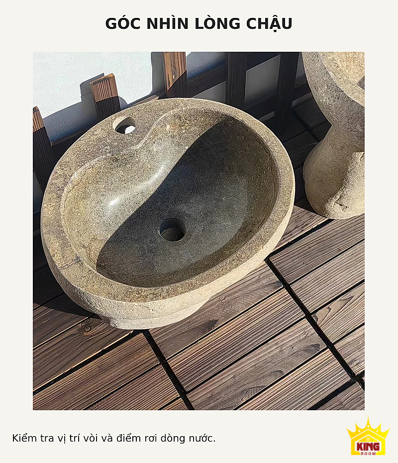 Lavabo đá cuội chân trụ – Góc từ trên thể hiện lòng chậu, lỗ xả và vị trí gắn vòi Góc từ trên thể hiện lòng chậu, lỗ xả và vị trí gắn vòi