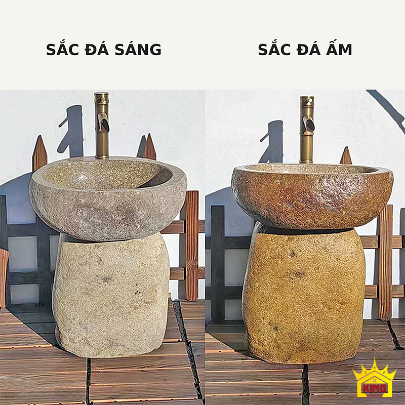 Lavabo đá cuội chân trụ – Hai sắc đá sáng và ấm để đối chiếu trước khi chốt bộ thực tế Hai sắc đá sáng và ấm để đối chiếu trước khi chốt bộ thực tế