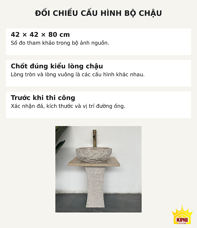Lavabo đá cuội chân vuông – Bảng Việt hóa cấu hình tham khảo 42 × 42 × 80 cm và lưu ý chọn bộ Bảng Việt hóa cấu hình tham khảo 42 × 42 × 80 cm và lưu ý chọn bộ