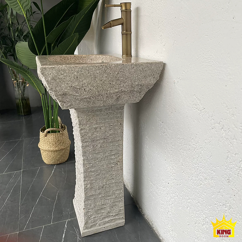 Lavabo đá cuội chân vuông – Chậu lòng vuông và chân vuông xám sáng nhìn nghiêng cạnh tường Chậu lòng vuông và chân vuông xám sáng nhìn nghiêng cạnh tường