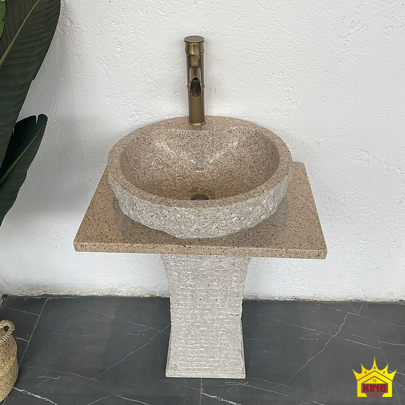 Lavabo đá cuội chân vuông – Góc từ trên của chậu lòng tròn đặt trên tấm kê và chân vuông Góc từ trên của chậu lòng tròn đặt trên tấm kê và chân vuông