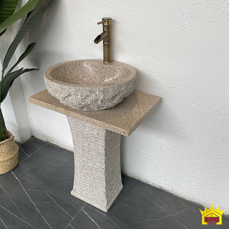 Lavabo đá cuội chân vuông – Chậu lòng tròn nhìn nghiêng, thể hiện tấm kê và phần chân Chậu lòng tròn nhìn nghiêng, thể hiện tấm kê và phần chân