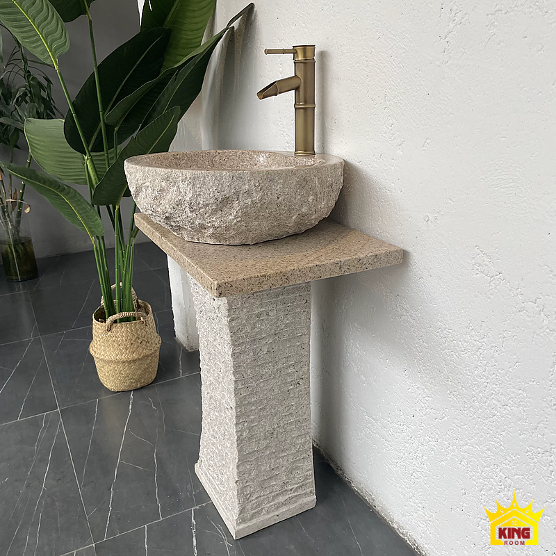 Lavabo đá cuội chân vuông – Bộ lòng tròn và chân vuông nhìn nghiêng từ phía vòi Bộ lòng tròn và chân vuông nhìn nghiêng từ phía vòi