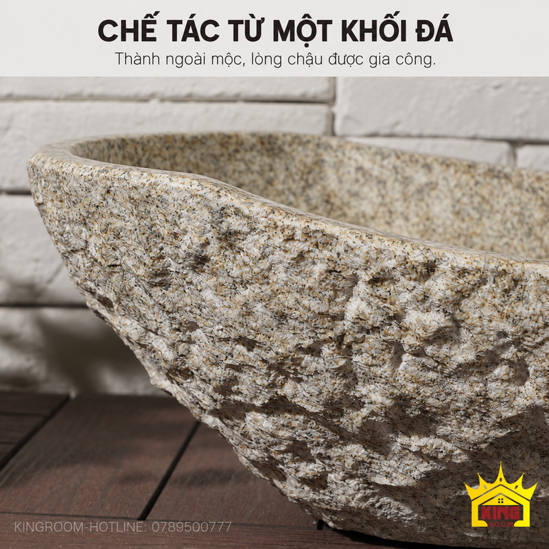 Bề mặt thành ngoài thô mộc màu xám be của chậu lavabo gia công từ khối đá granite tự nhiên