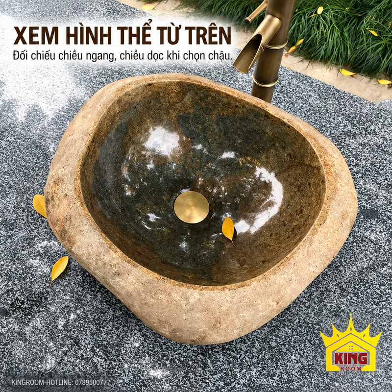 Lavabo đá cuội nâu mộc nhìn từ trên để đối chiếu chiều ngang và chiều dọc của thân chậu