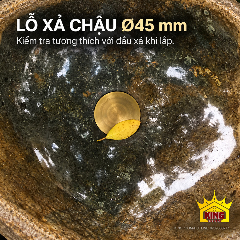 Cận cảnh vùng xả chậu đá cuội nâu mộc với chú thích lỗ xả chậu Ø45 mm
