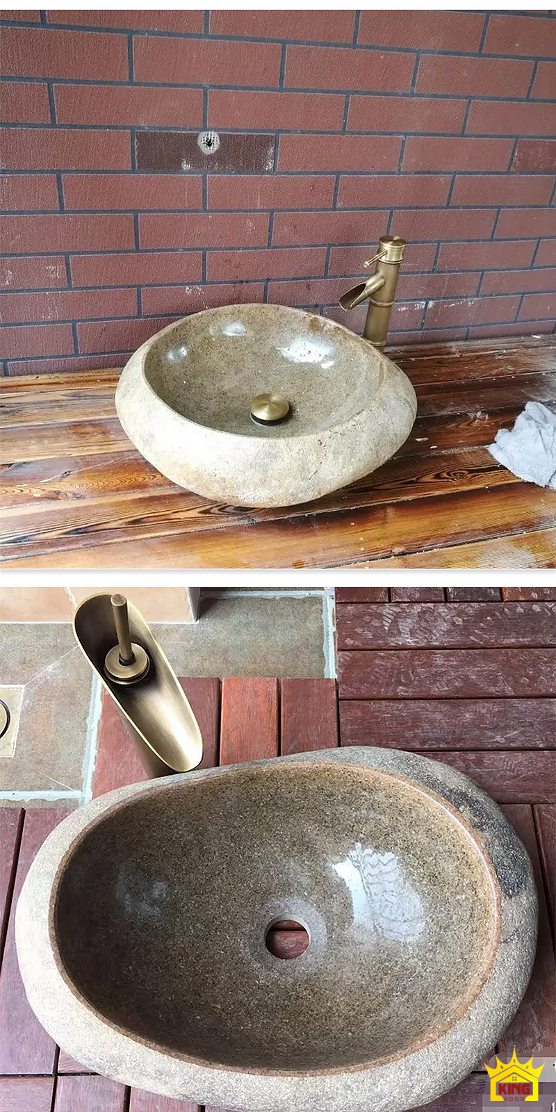 Lavabo đá cuội oval be nâu – Hai góc chụp chậu đá oval sáng đặt trên mặt gỗ cạnh tường gạch Hai góc chụp chậu đá oval sáng đặt trên mặt gỗ cạnh tường gạch