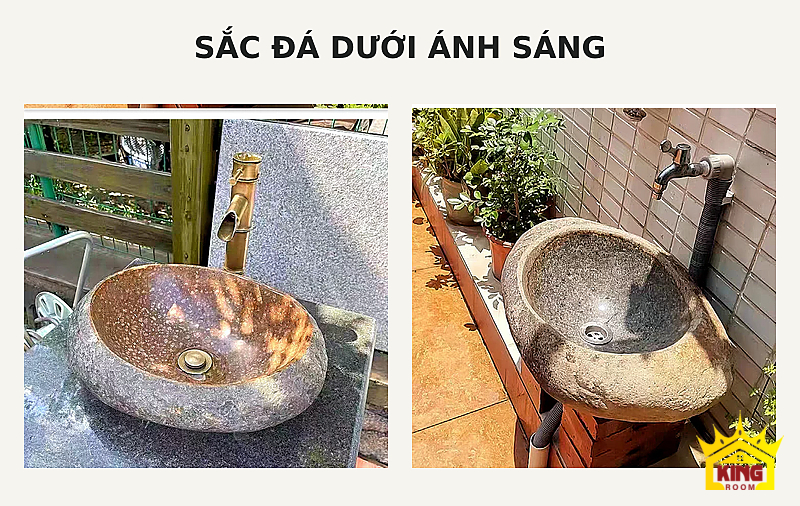 Lavabo đá cuội oval be nâu – Đối chiếu sắc lòng và đường miệng chậu qua hai góc chụp Đối chiếu sắc lòng và đường miệng chậu qua hai góc chụp