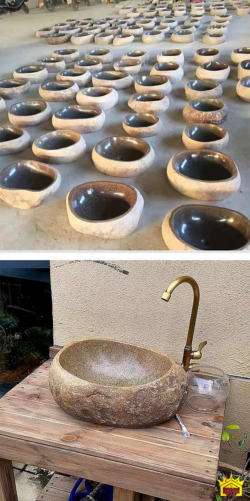 Lavabo đá cuội oval be nâu – Ảnh nhóm chậu cùng một góc kê đơn trên bàn gỗ Ảnh nhóm chậu cùng một góc kê đơn trên bàn gỗ