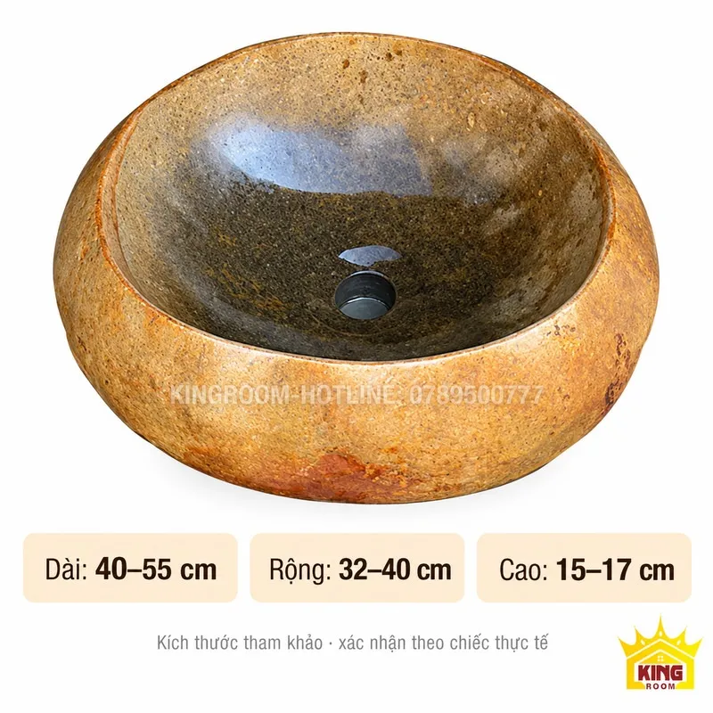 Ảnh chậu đá cuội kèm bảng kích thước tham khảo dài 40–55 cm, rộng 32–40 cm và cao 15–17 cm