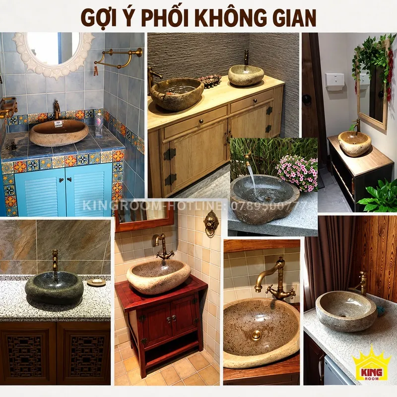 Chậu đá cuội tông vàng nâu trên mặt kê sáng cùng vòi thẳng